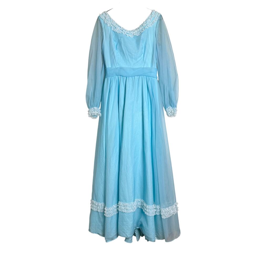 Nadine VINTAGE pastel blue White Lace Accent Formal long sleeve dress Size SMALL